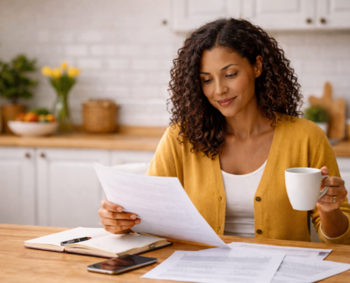 A woman sits at a kitchen table reviewing paperwork while holding a coffee mug, with a notebook and phone nearby in a bright, modern home.
