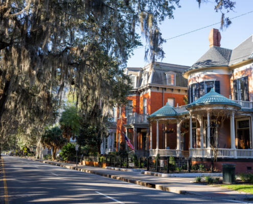 Spanish moss hanging over historic homes near Forsyth Park in Savannah, Georgia.