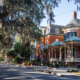 Spanish moss hanging over historic homes near Forsyth Park in Savannah, Georgia.
