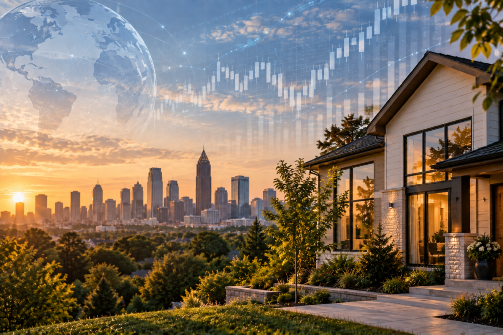 Modern home overlooking the Atlanta skyline with financial market graphics representing factors that influence mortgage rates.