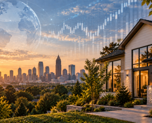 Modern home overlooking the Atlanta skyline with financial market graphics representing factors that influence mortgage rates.